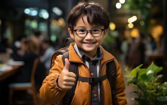 A young boy student wearing glasses and a backpack smiles for the camera, ready for back to school. Hes wearing a brown jacket and gives a thumbs up