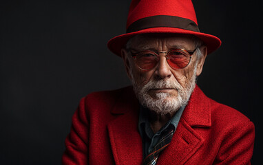 A portrait of a stylish elderly man in a red hat, coat, and sunglasses against a dark background