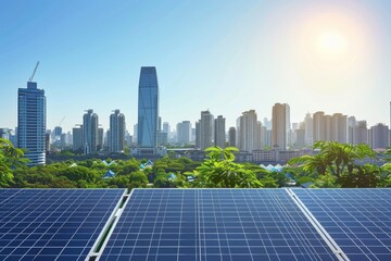Solar panels on a rooftop with a city skyline highlighting renewable energy technologys potential in urban environments for sustainable living