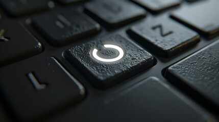 A closeup of a wireless keyboards power button featuring a minimalist design and illuminated by a faint white light.