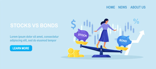 Woman keep calm balancing on scales, choosing between stocks and bonds. Diversify portfolio investments. Passive invest wealth accumulate. Balanced investment strategy. Finance asset allocation