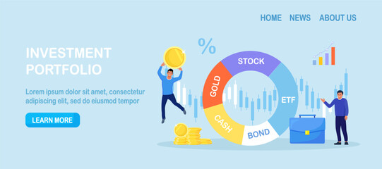 Exchange traded fund, bond, stock, gold. Businessman reviewing diversified investment portfolio. Wealth management, asset allocation. Money question, financial planning. Stock market trading strategy
