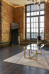 Fototapeta premium stylish expensive minimalistic interior dark contrast living room with sunlight without people