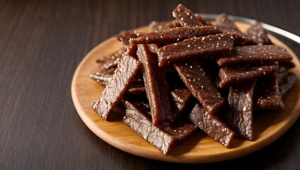 A close-up view of neatly stacked slices of dried meat, showcasing their rich, dark brown color and textured surface