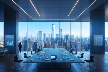 Corporate Team Meeting: modern office setting with conference table, laptops, notepads, digital screen displaying charts, diverse team members in professional attire.