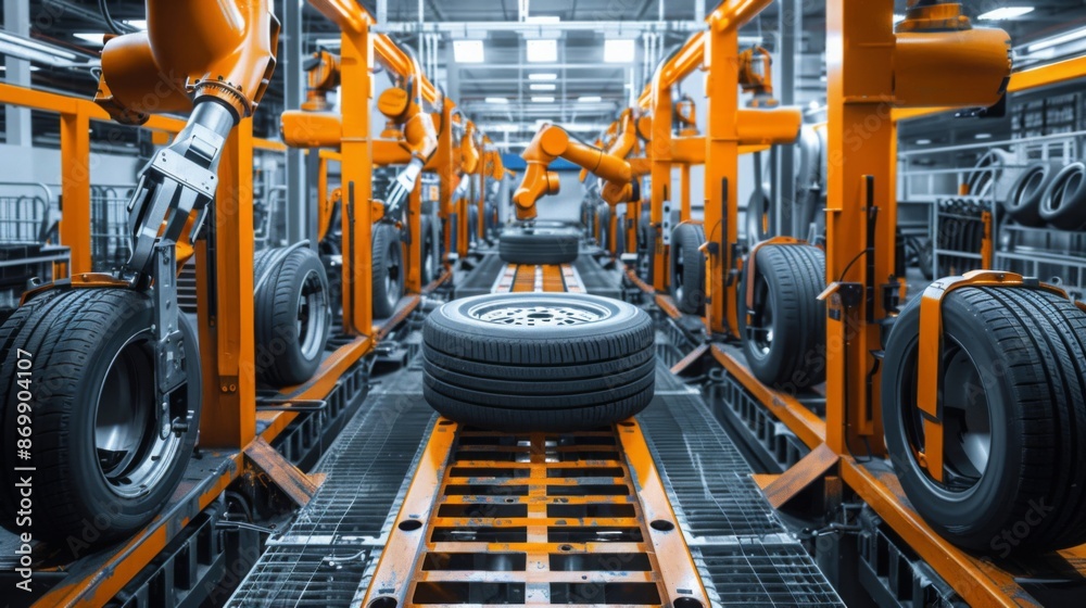 Poster A close-up view of an automated tire assembly line in a factory, with robotic arms and conveyor belts moving tires along the production process.