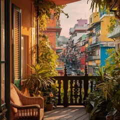 A stunning photograph of a balcony, overlooking a vibrant cityscape filled with colorful buildings and bustling streets. The balcony itself is adorned with lush green plant.