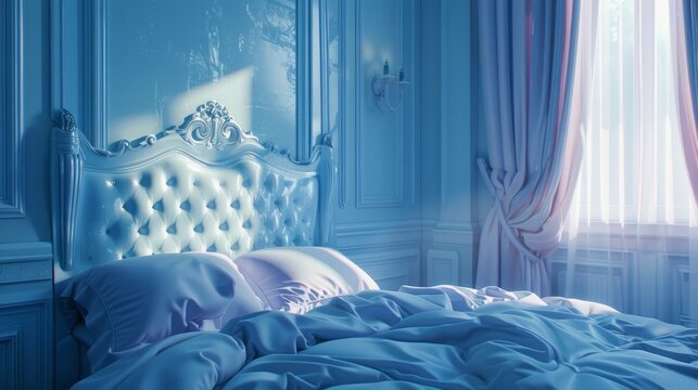 luxury posh bed room interior in blue color with antique expensive furniture and elements in baroque style.