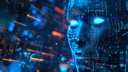 Obraz premium 3D illustration of a human head surrounded by binary code.
