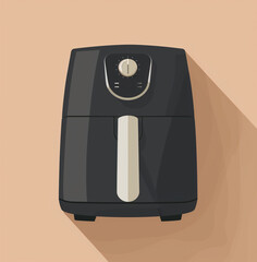 An illustration of a new air fryer on a beige background, showcasing its modern design and functionality.

