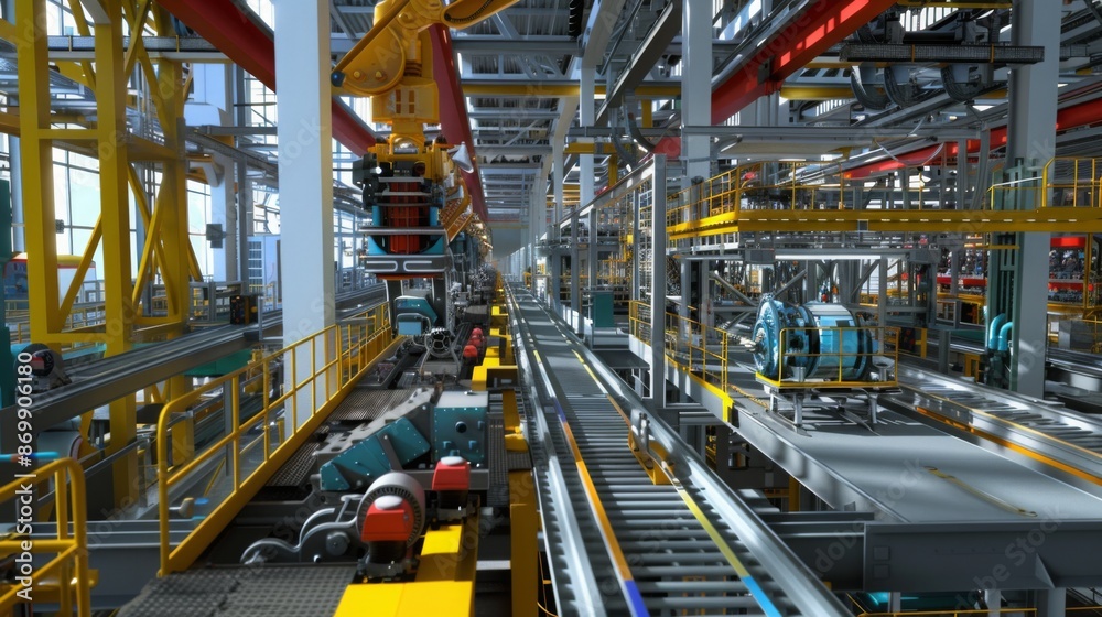 Poster A wide-angle view of an industrial factory shows a complex conveyor system with a robotic arm in the foreground, running along tracks surrounded by metal beams and supports.