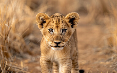 Naklejka premium A young African lion cub with bright blue eyes stands in the dry grasses of the savanna, looking directly at the camera with a curious expression
