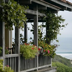 A scenic photograph of a charming balcony adorned with lush green plants and vibrant flowers. The wooden railing and beams haveaged gracefully, adding a touch of rustic charm to the image.