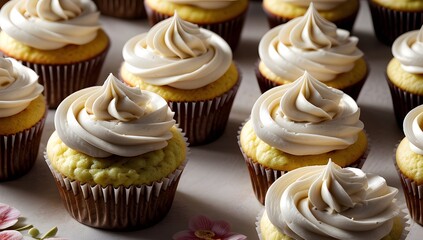 An elegant presentation of eight vanilla cupcakes topped with swirls of creamy white frosting