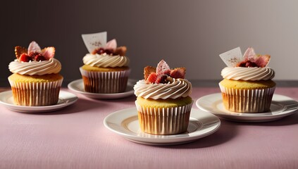 An elegant presentation of eight vanilla cupcakes topped with swirls of creamy white frosting