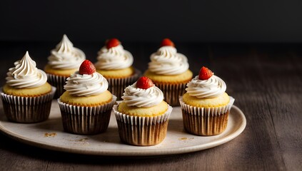 An elegant presentation of eight vanilla cupcakes topped with swirls of creamy white frosting