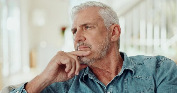 Thinking, stress and senior man on sofa in nursing home with fear, memory loss or overwhelmed by Alzheimer. Remember, nervous or old person in living room with anxiety, dementia or lost in a house