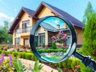 Searching new house for purchase. Rental housing market. Magnifying glass near beautiful house