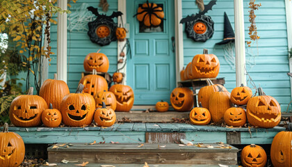 Obraz premium A variety of pumpkins decorate the porch of a house, creating a festive Halloween atmosphere