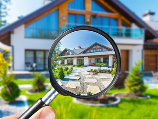 Searching new house for purchase. Rental housing market. Magnifying glass near beautiful house
