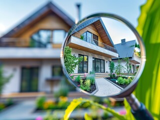 Searching new house for purchase. Rental housing market. Magnifying glass near beautiful house