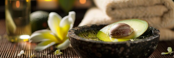 A relaxing spa scene with a bowl of avocado oil used in aromatherapy massage promoting its calming and rejuvenating benefits.