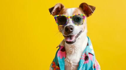 dog wearing colorful clothes and sunglasses dancing on yellow background