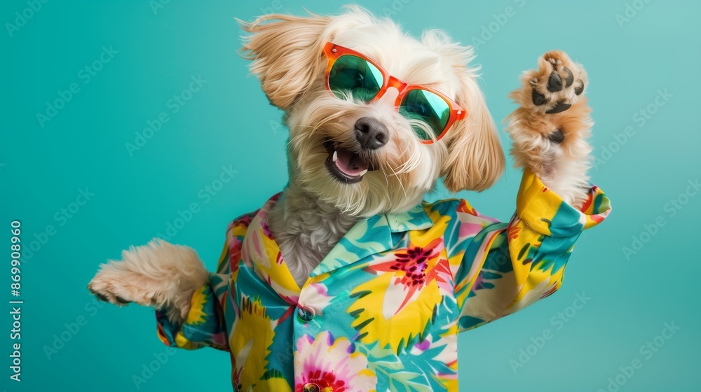 Wall mural Dog wearing colorful clothes and sunglasses dancing on green background