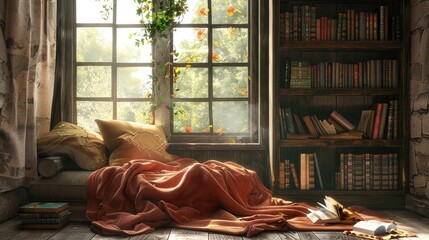 A cozy reading nook with a soft blanket and a good book, symbolizing contentment