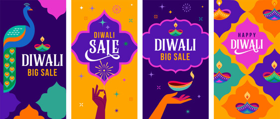 Diwali festival poster, Diwali Sale banner, Diwali background design with lights, peacock, lanterns, candles and flowers