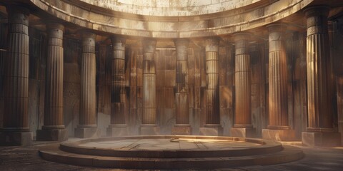 Fototapeta premium The ancient hall is grand with tall columns and a central podium. Sunlight filters through high windows, creating a serene glow in the space, giving it a majestic and timeless quality