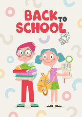 Back to School Cover Poster. Cute childrens illustration with schoolbooks, notebook, backpack. Text, inscription. Vector cartoon illustration