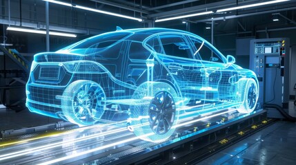 A digital model of a car is shown on a factory conveyor belt, with its frame and components illuminated in blue.