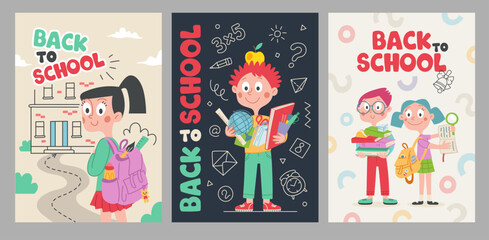 Back to School Poster Cover Set. Cute childrens illustration with textbooks, notebook, backpack, globe, school. Text, inscription. Vector cartoon