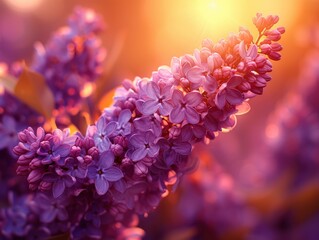 Obraz premium Vibrant purple lilac flowers in warm sunset glow
