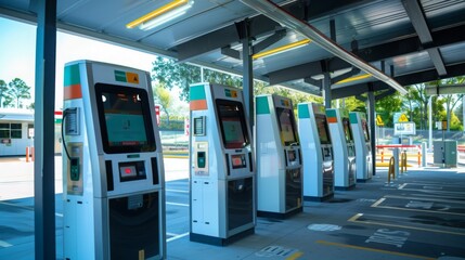 Ticket kiosks in a covered area at a theme park entrance. White with blue accents, large touch screens for purchasing tickets and park entry.