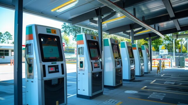 Ticket kiosks in a covered area at a theme park entrance. White with blue accents, large touch screens for purchasing tickets and park entry.