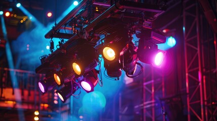 A lighting rig with various stage lights ready for a performance