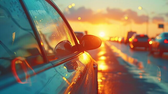 Happy customers driving off in a repaired car, success and satisfaction, detailed, realistic, automotive service