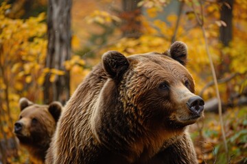 Obraz premium two brown bears in the forest, a bear in the foreground and another far away in the background, with autumn colors Generative AI