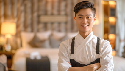 Fototapeta premium A young man in an apron is standing in a hotel room with his arms crossed, looking serious