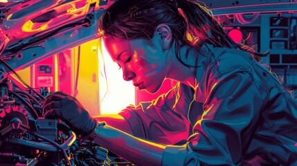 Mechanics working on cars, woman, performing vehicle repairs, vibrant colors, high contrast, realistic illustration
