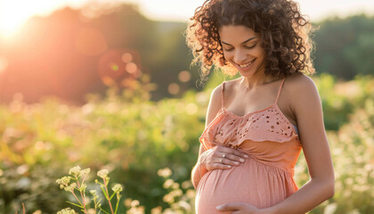 A pregnant woman is joyfully happy in a flower field, holding her belly gently under the sunlight