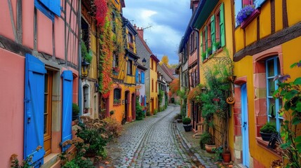 Fototapeta premium A picturesque European village with colorful houses and cobblestone streets