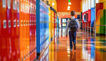 Fototapeta premium A student with a backpack is walking through the school hallway in a relaxed manner