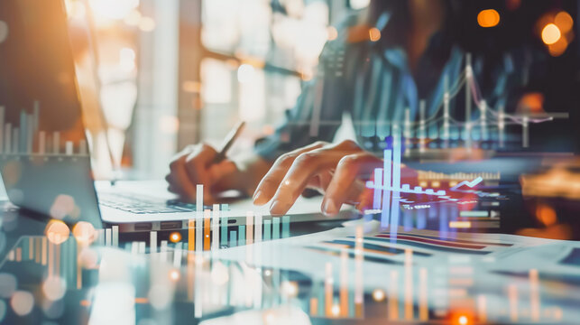 Businesswoman working in office using calculator with numbers and innovation financial accounting concept