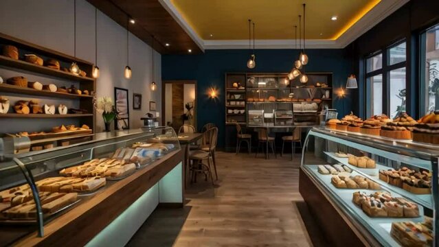  Bakery Interior with Display Case of Cakes, Cupcakes, and Pastries