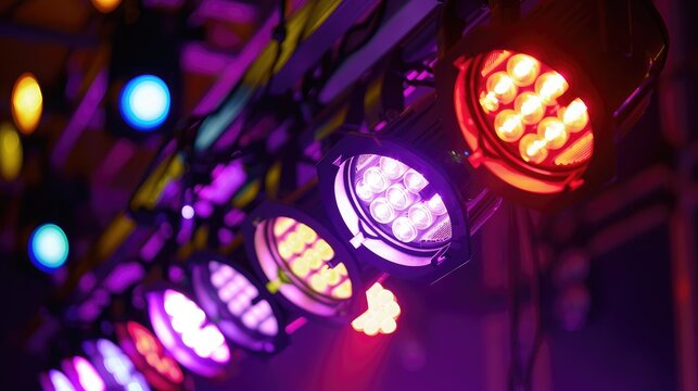 A row of PAR can lights casting colorful beams on a stage