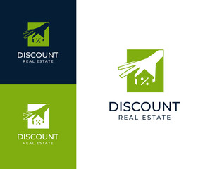 Discount home logo. Discount with house icon logo design illustration. Discount real estate logo design inspiration.