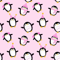 Cartoon festive animals seamless birthday decor and penguin pattern